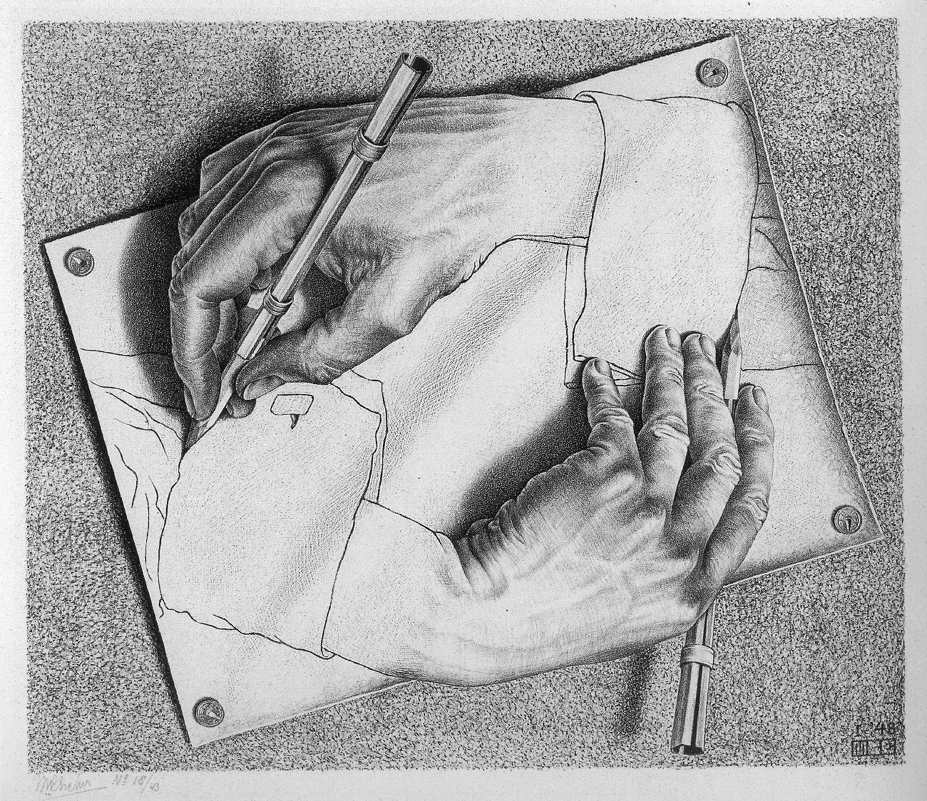 drawing hands elaborate drawing by MC Escher